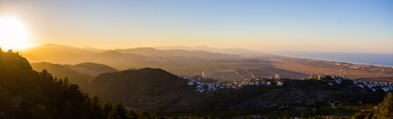 Panoramic view of Marjal wetland narural park in Pego, Spain, at sunset. View from Segaria mountain.