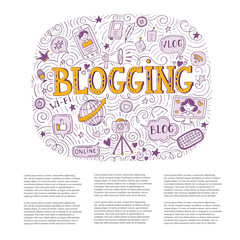 Vector blogging doodle illustration, hand drawn blogging elements