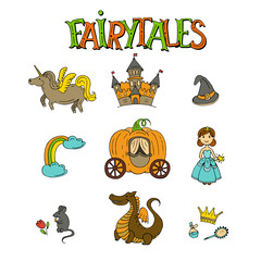 Fototapeta premium Fairy tales hand drawn icon set vector