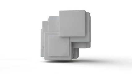 3D rendering of geometric shapes in space on white isolated background. 3D cubes in the group, compatible and fused, hang in the space above the white surface. Abstraction.