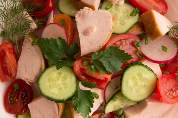 Chicken Breast, Cucumber Radish and Tomato Salad with Greens