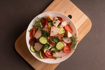 Chicken Breast, Cucumber Radish and Tomato Salad with Greens