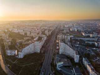 Aerial view of drone flying over city