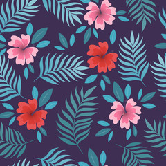 Seamless tropical pattern palm leaves and flower