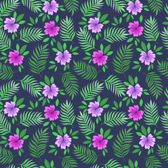 Seamless tropical pattern palm leaves and flower