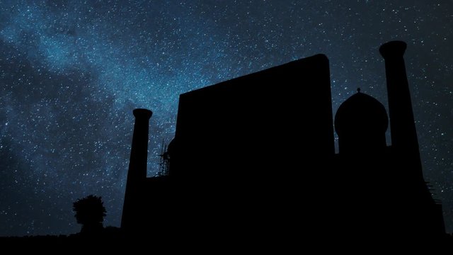 Registan Palace of Samarkand, Silhouette by Night with Stars, Mosque in Ancient and Famous city of Uzbekistan
