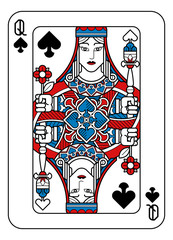 A playing card Queen of Spades in red, blue and black from a new modern original complete full deck design. Standard poker size.