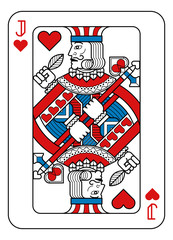 A playing card Jack of hearts in red, blue and black from a new modern original complete full deck design. Standard poker size.