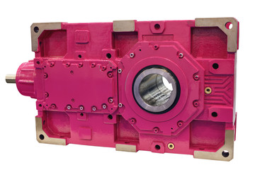 side view of large industrial gearbox isolated on white background