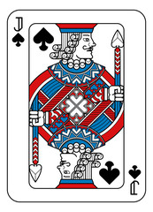 A playing card Jack of Spades in red, blue and black from a new modern original complete full deck design. Standard poker size.