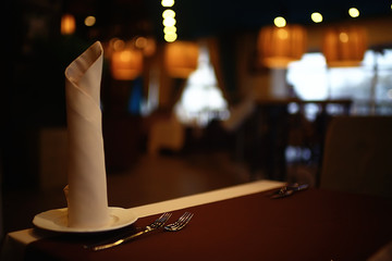 serving in the restaurant, fork and knife / interior view of the restaurant with a table served knife and fork on the table in a cafe