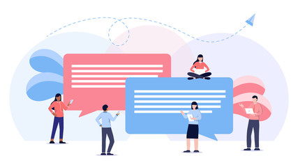 Communication via internet concept. Social networking, chatting vector illustration. happy people use mobile smartphone and laptop for chatting in social media, people chatting on cellphone