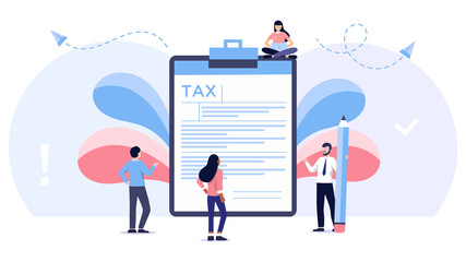 Online tax payment vector illustration concept, small people filling tax form with pencil, can use for, landing page, template, ui, web, app, poster, banner