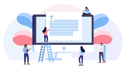 group of student study online education about storytelling, copywriting, seo, text on computer screen. vector illustration concept, can be use for, landing page, template, ui