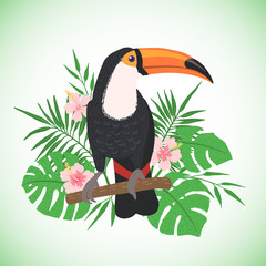 Cute bird toucan on a floral background.