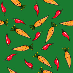 Seamless vegetable pattern. Abstract hand drawn pattern. Print for fabrics and other surfaces. Carrots and red chili peppers.