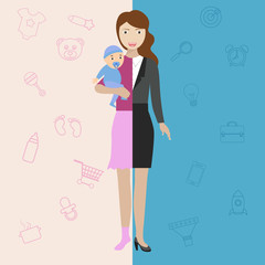 Businesswoman and mother, career and motherhood divided.