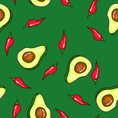 Seamless vegetable pattern. Abstract hand drawn pattern. Print for fabrics and other surfaces. Avocado and red chili peppers.