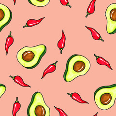 Seamless vegetable pattern. Abstract hand drawn pattern. Print for fabrics and other surfaces. Avocado and red chili peppers.