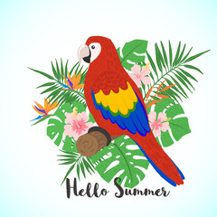 Cute parrot ara on a floral background.