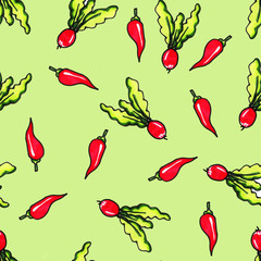 Seamless vegetable pattern. Abstract hand drawn pattern. Print for fabrics and other surfaces. Radish and red chili pepper.