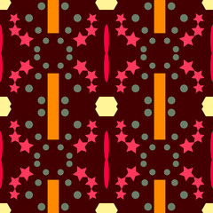 Abstract contrast seamless pattern. Geometric figures. Orange, yellow, pink, cherry elements.