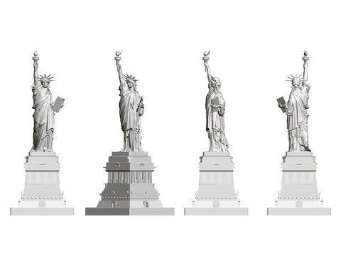 Set with a statue of liberty. Front, side and rear view. Polygonal Statue of Liberty isolated on a white background. 3D. Vector illustration