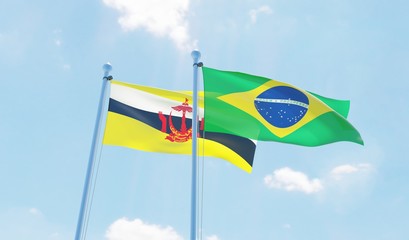 Brazil and Brunei, two flags waving against blue sky. 3d image