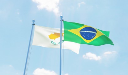 Brazil and Cyprus, two flags waving against blue sky. 3d image