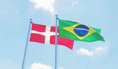 Brazil and Denmark, two flags waving against blue sky. 3d image