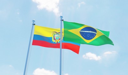 Brazil and Ecuador, two flags waving against blue sky. 3d image