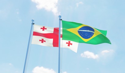 Brazil and Georgia, two flags waving against blue sky. 3d image