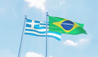 Brazil and Greece, two flags waving against blue sky. 3d image