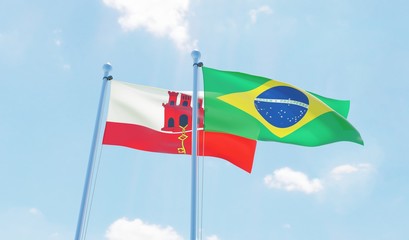 Brazil and Gibraltar, two flags waving against blue sky. 3d image