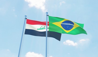 Brazil and Iraq, two flags waving against blue sky. 3d image