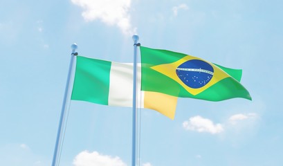 Brazil and Ireland, two flags waving against blue sky. 3d image