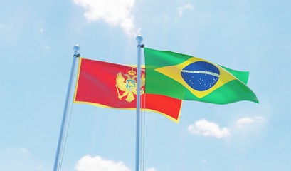 Brazil and Montenegro, two flags waving against blue sky. 3d image