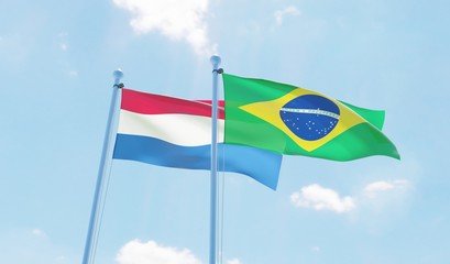 Brazil and Netherlands, two flags waving against blue sky. 3d image