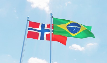 Brazil and Norway, two flags waving against blue sky. 3d image