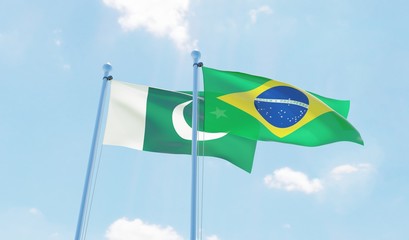 Brazil and Pakistan, two flags waving against blue sky. 3d image