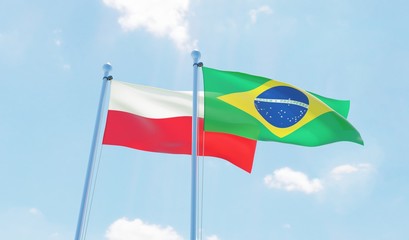 Brazil and Poland, two flags waving against blue sky. 3d image
