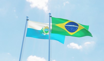 Brazil and San Marino, two flags waving against blue sky. 3d image