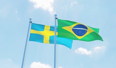 Brazil and Sweden, two flags waving against blue sky. 3d image