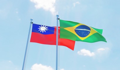 Brazil and Taiwan, two flags waving against blue sky. 3d image