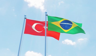 Brazil and Turkey, two flags waving against blue sky. 3d image
