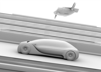 Clay rendering of self-driving passenger drone taxi and autonomous electric car on the highway. 3D rendering image.