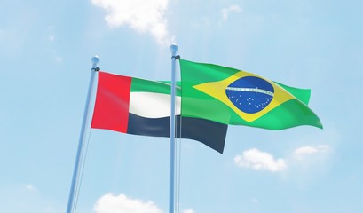 Brazil and UAE, two flags waving against blue sky. 3d image