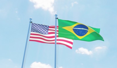 Brazil and USA, two flags waving against blue sky. 3d image