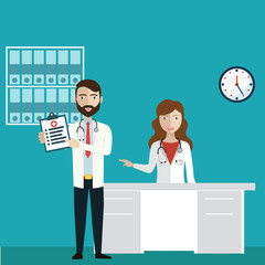 Doctor man and medical staff women in reception hospital. Consultation and medical diagnosis for illness peop