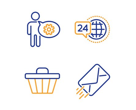24h service, Cogwheel and Shop cart icons simple set. E-mail sign. Call support, Engineering tool, Web buying. Mail delivery. Business set. Linear 24h service icon. Colorful design set. Vector